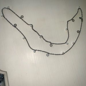 Tory Burch silver and pearl logo long necklace